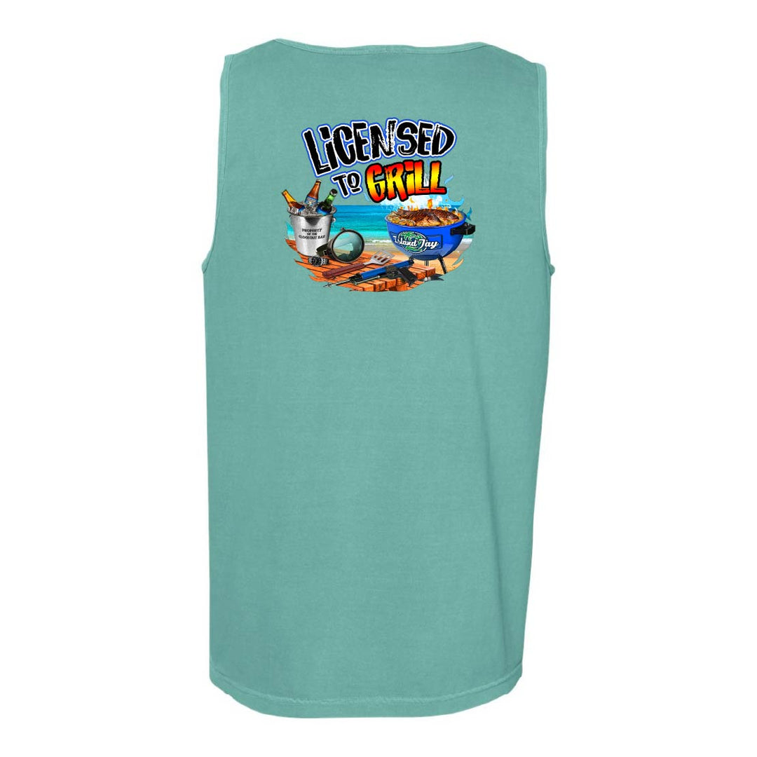 Light blue sleeveless shirt with 'Licensed to Grill' graphic on a white background