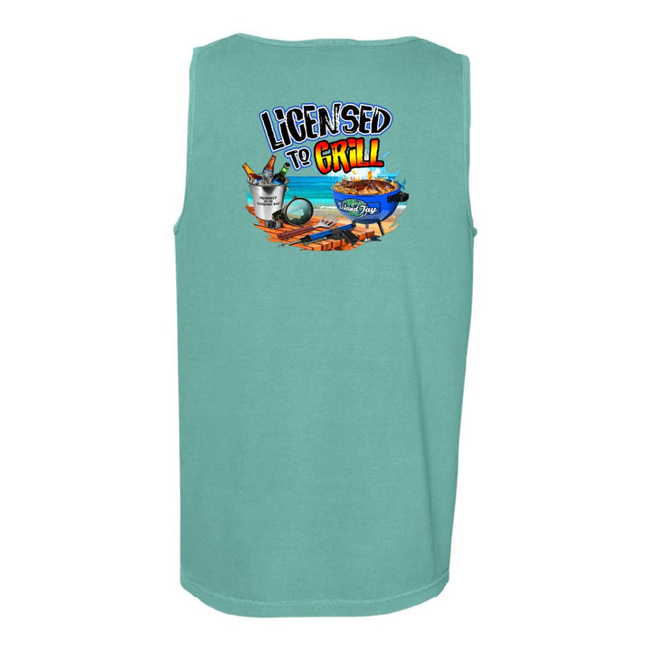Light blue sleeveless shirt with 'Licensed to Grill' graphic on a white background