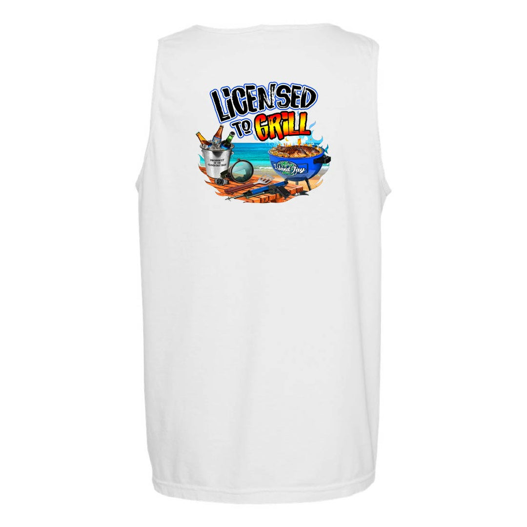 White sleeveless shirt with 'Licensed to Grill' graphic on a white background