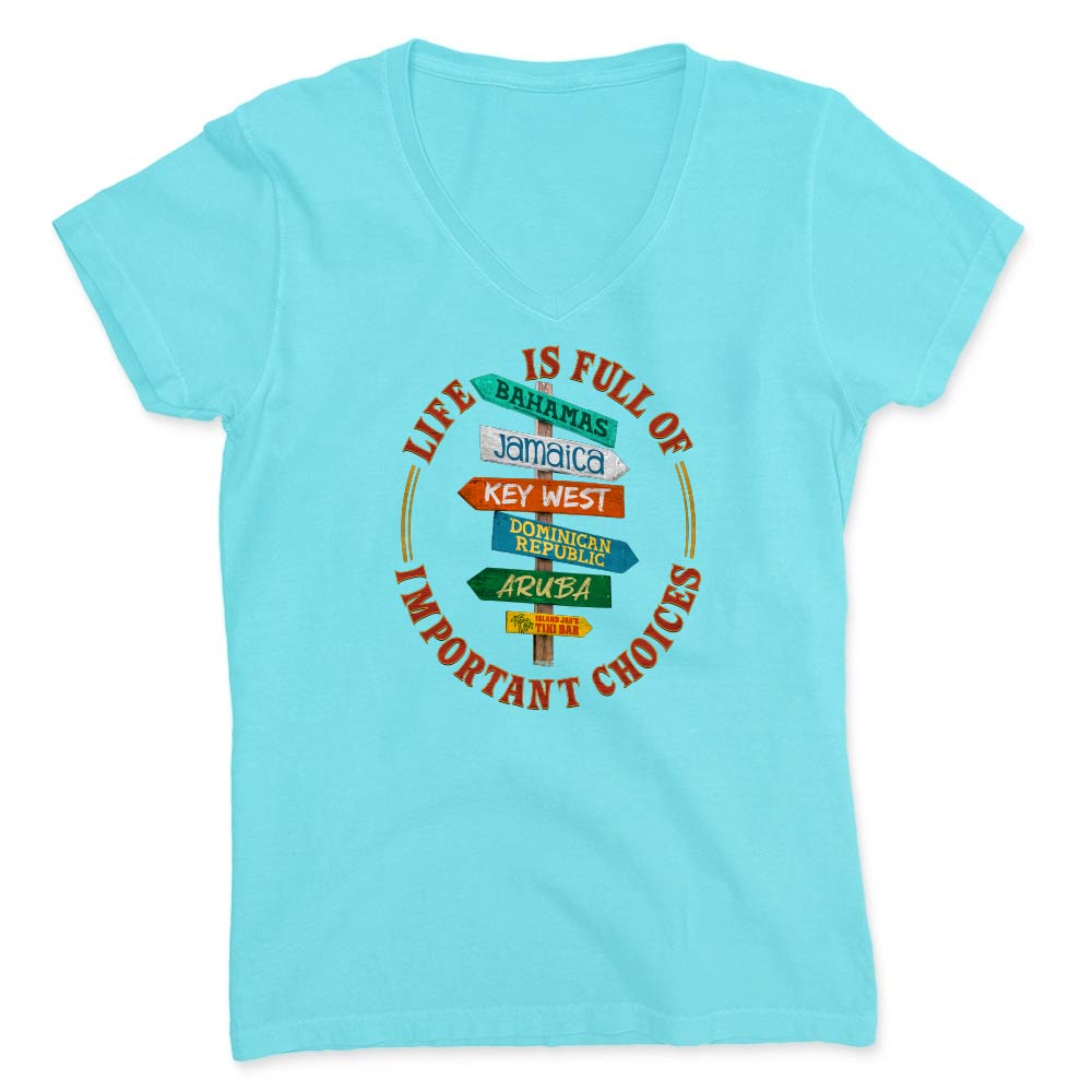 Light blue t-shirt with colorful text design on a white background