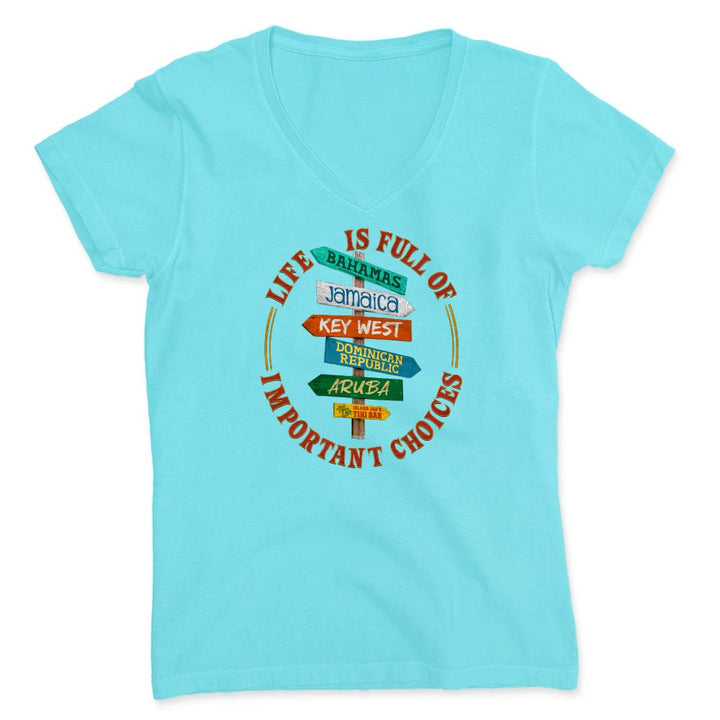 Light blue t-shirt with colorful text design on a white background