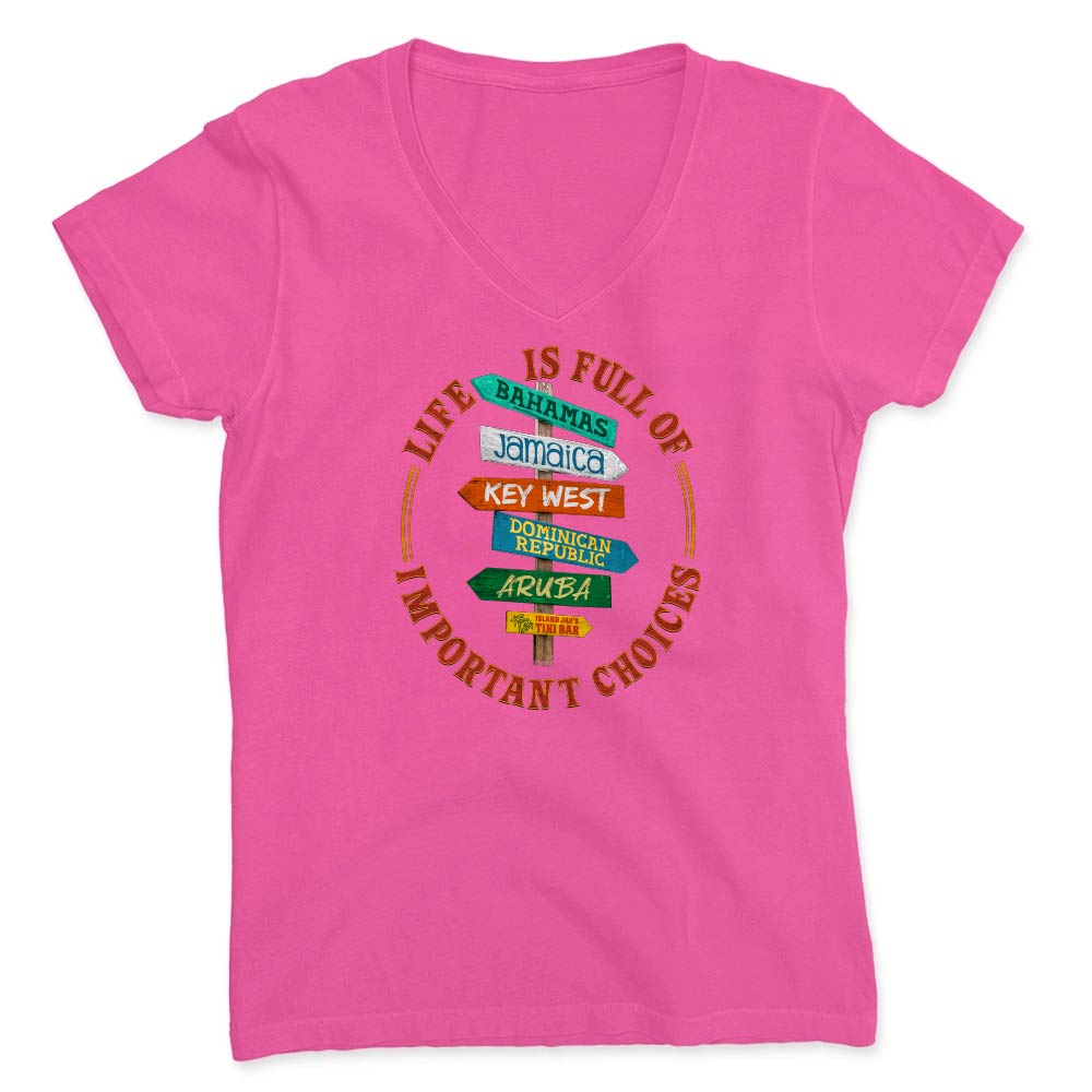 Pink t-shirt with travel-themed design on a white background