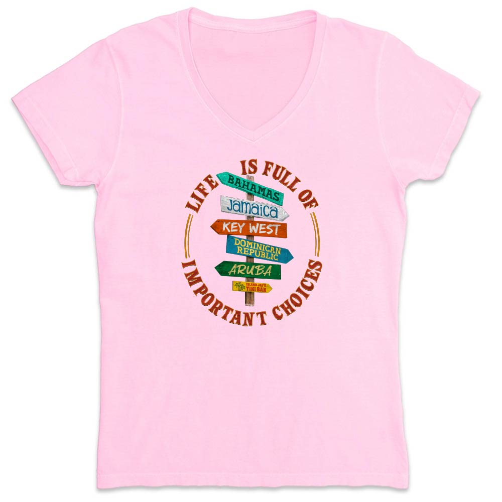 Pink t-shirt with travel-themed design and text on a white background