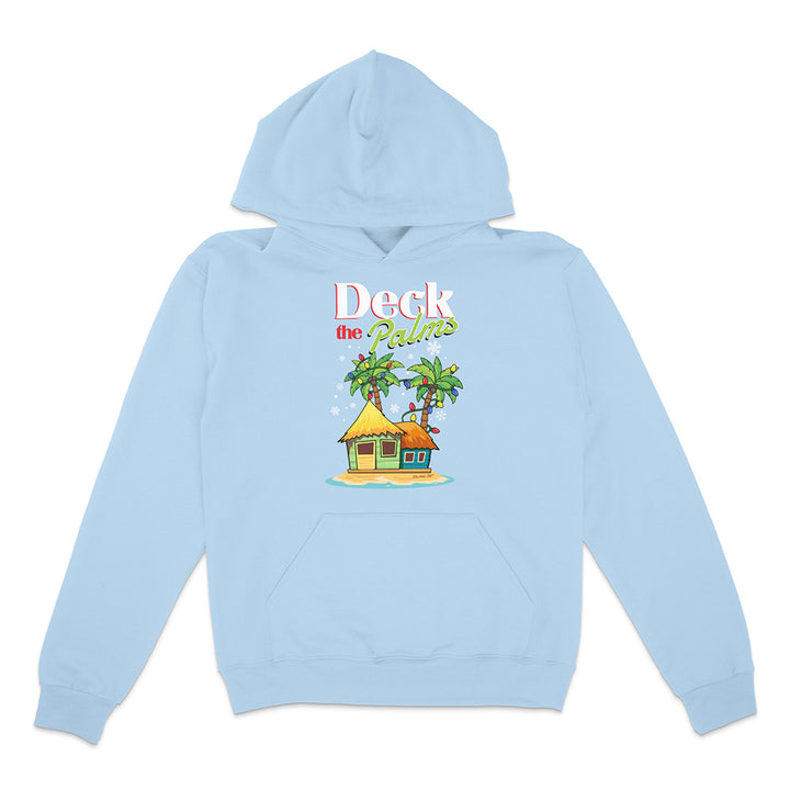 Light Blue Hoodie with a tropical hut and palm tree design with graphic text reading "Deck The Palms" on a white background.