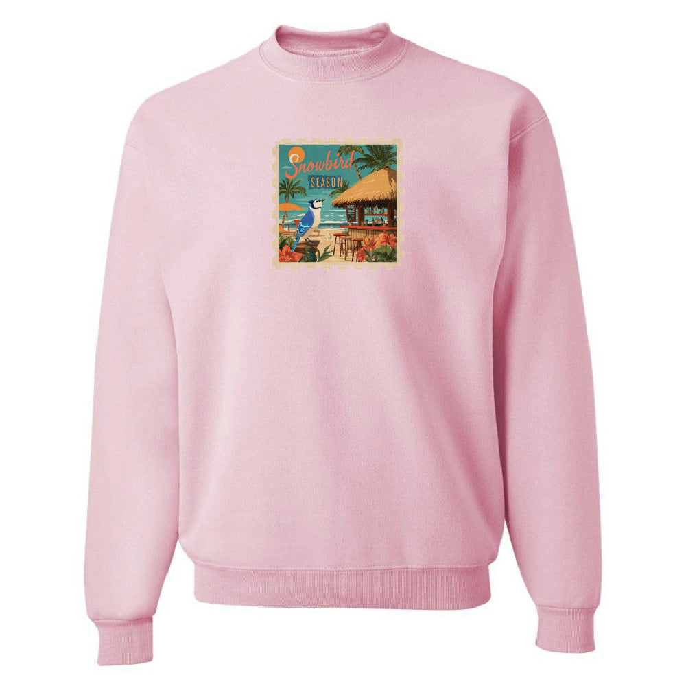 Pink sweatshirt with a colorful graphic on the chest against a white background