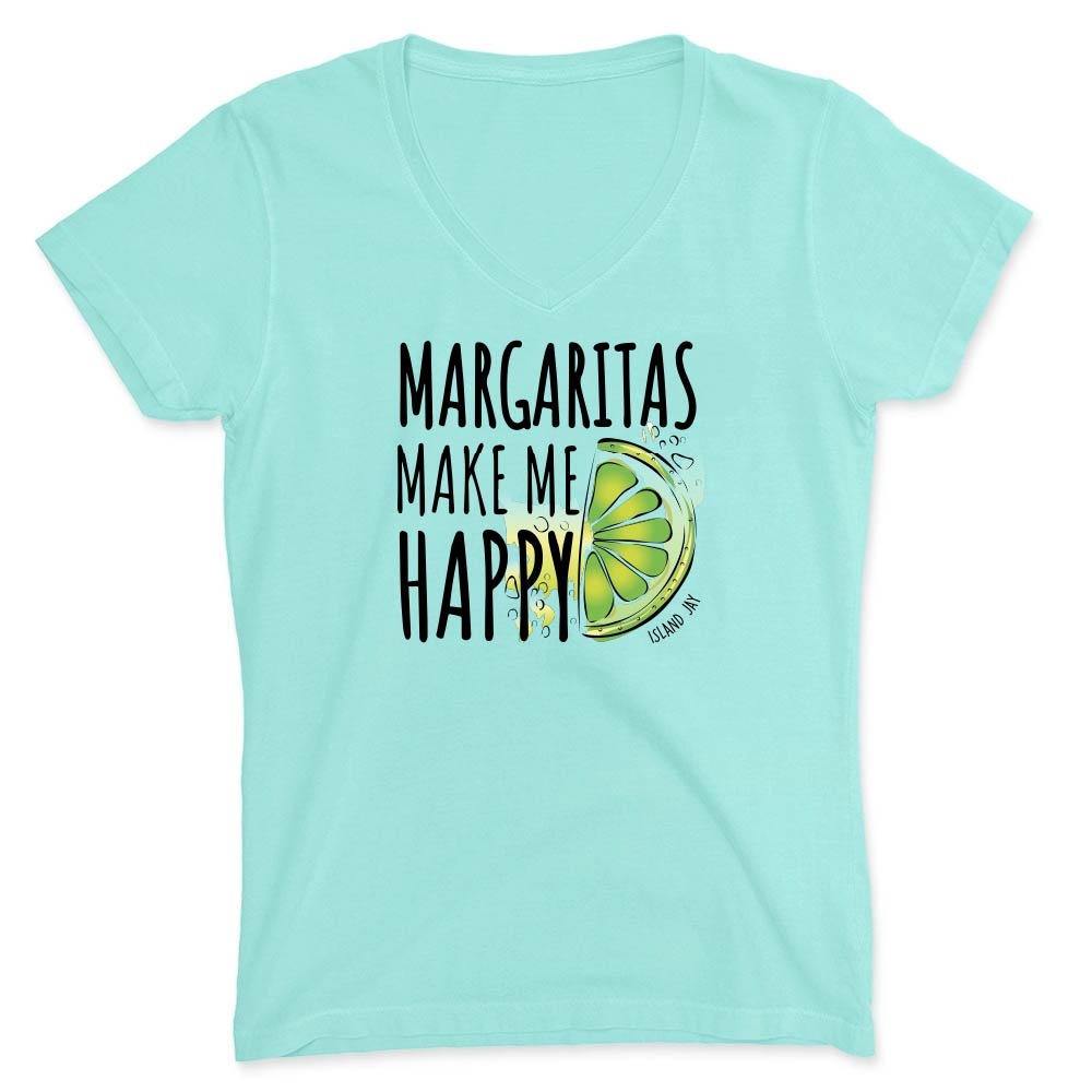 Light blue t-shirt with 'Margaritas Make Me Happy' text and lime graphic.