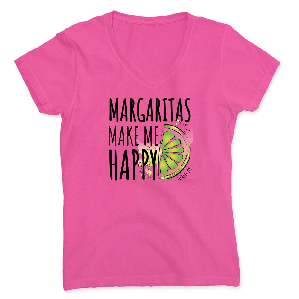 Pink t-shirt with 'Margaritas Make Me Happy' text and lime graphic.
