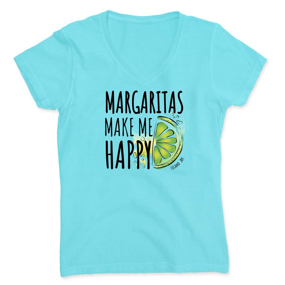 Blue t-shirt with 'Margaritas Make Me Happy' text and lime graphic.