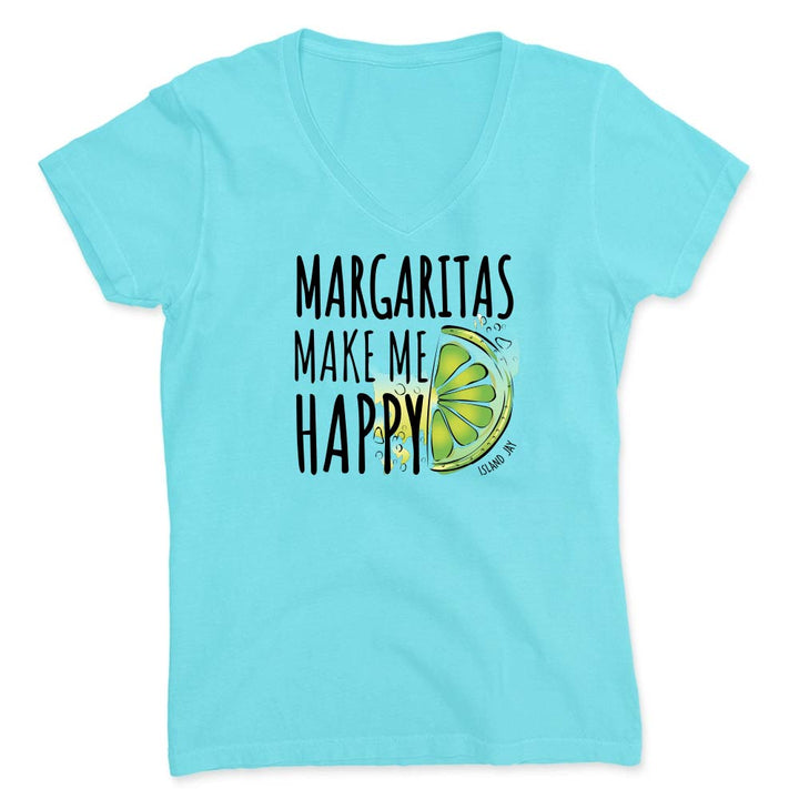 Blue t-shirt with 'Margaritas Make Me Happy' text and lime graphic.