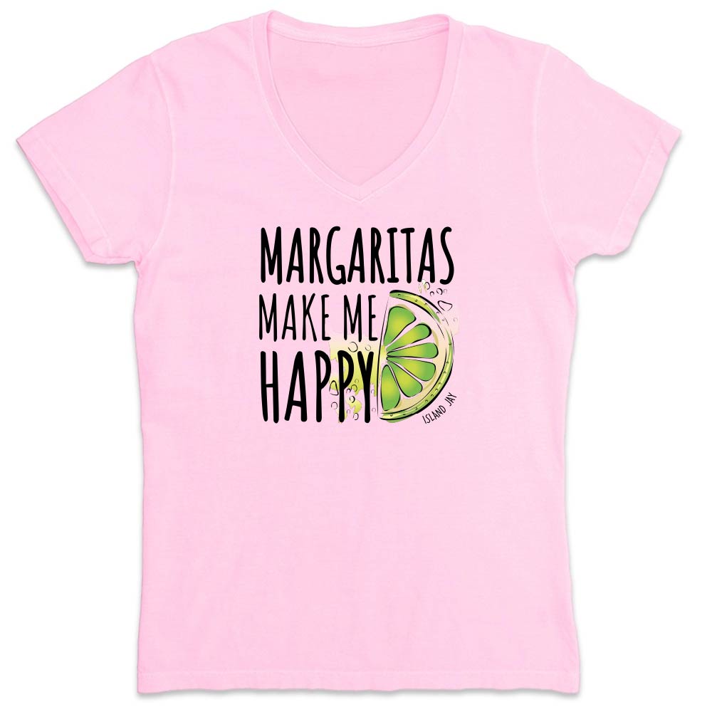 Pink t-shirt with 'Margaritas Make Me Happy' text and lime graphic.