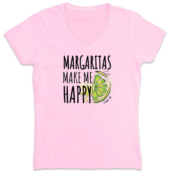 Pink t-shirt with 'Margaritas Make Me Happy' text and lime graphic.