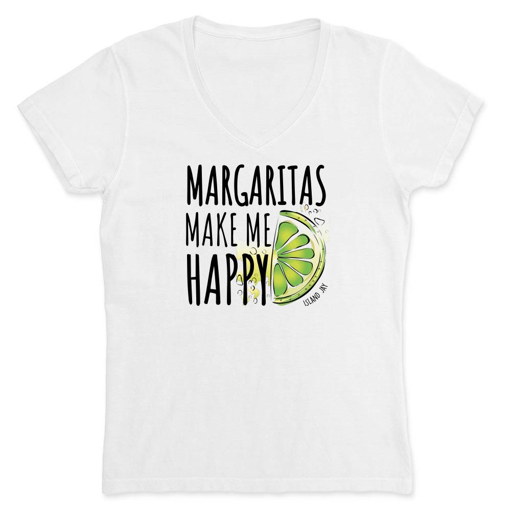 White t-shirt with 'Margaritas Make Me Happy' text and lime graphic on a white background