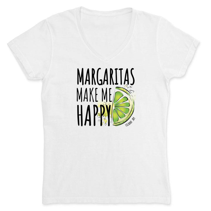 White t-shirt with 'Margaritas Make Me Happy' text and lime graphic on a white background