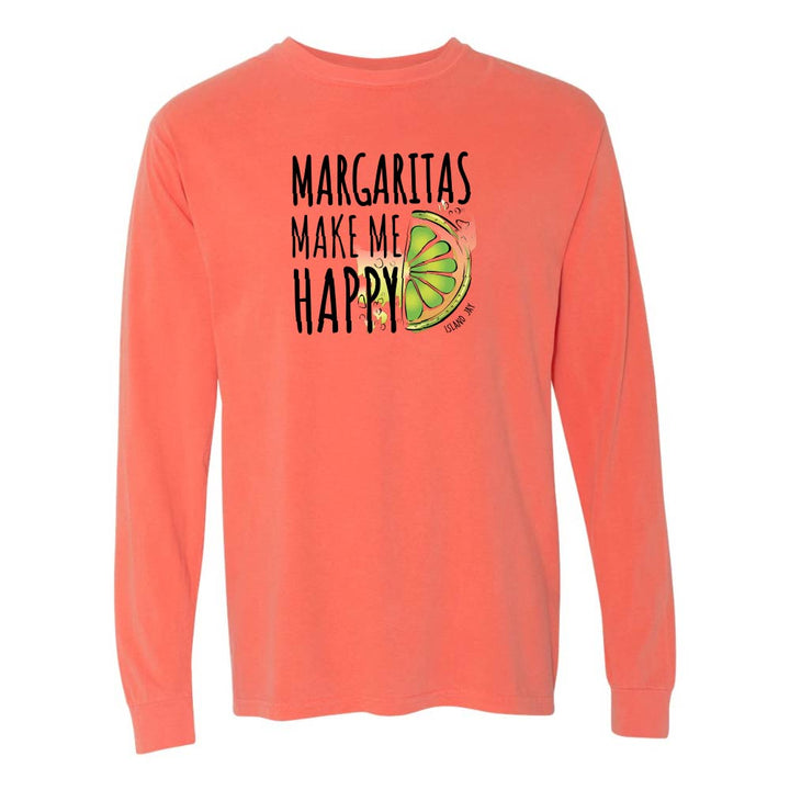Light orange/red longsleeve with 'Margaritas Make Me Happy' text and lime graphic.