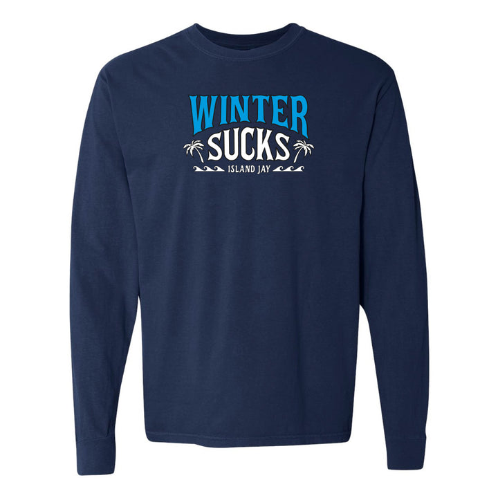 Navy blue long-sleeve shirt with 'Winter Sucks' text on a white background