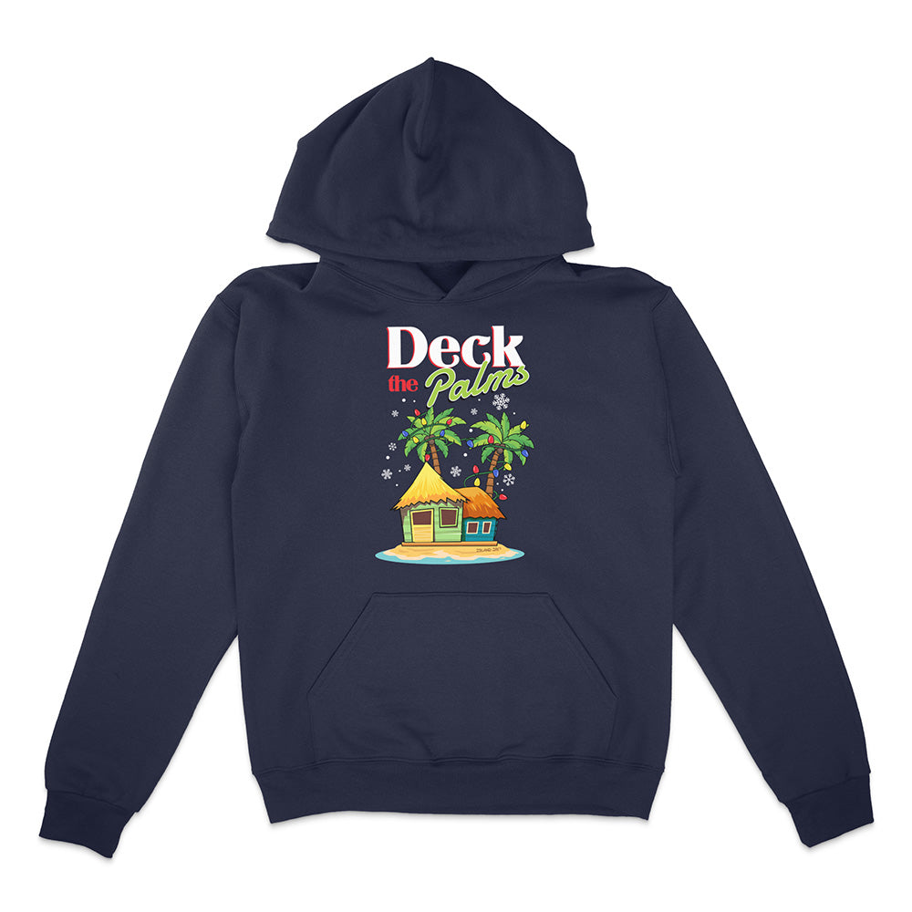 Navy Hoodie with a tropical hut and palm tree design with graphic text reading "Deck The Palms" on a white background.