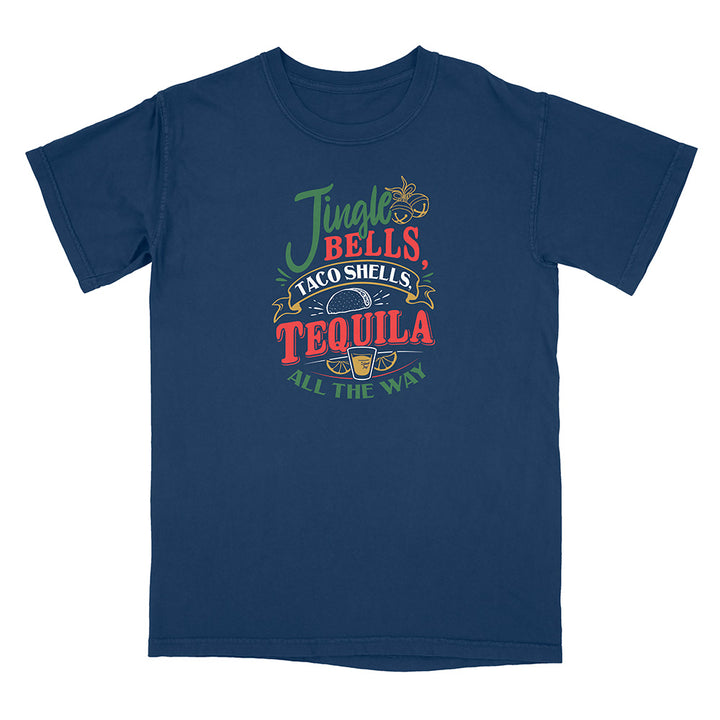 Navy blue t-shirt with colorful graphic and text reading "Jingle Bells Taco Shells Tequila All The Way".
