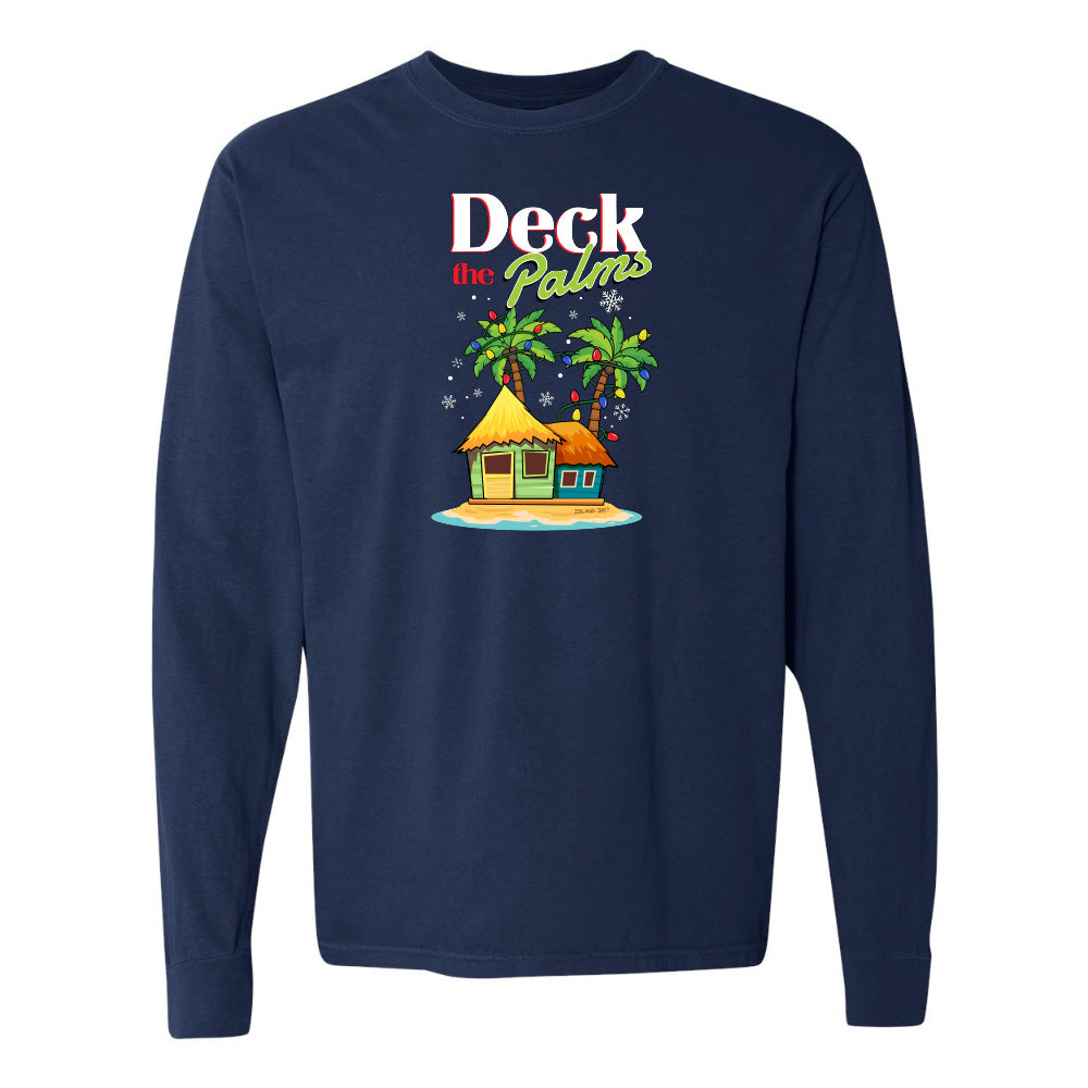 Navy Blue  long-sleeve shirt with a tropical hut and palm tree design and graphic text reading "Deck The Palms" on a white background