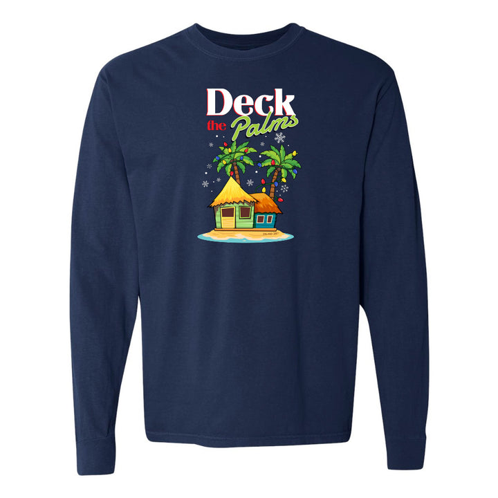 Navy Blue  long-sleeve shirt with a tropical hut and palm tree design and graphic text reading "Deck The Palms" on a white background