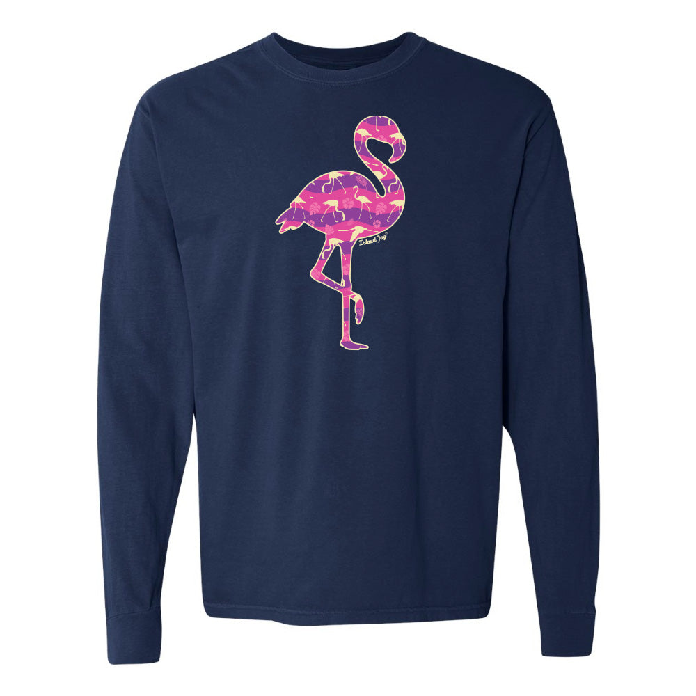Navy long-sleeve shirt with a pink flamingo design on a white background