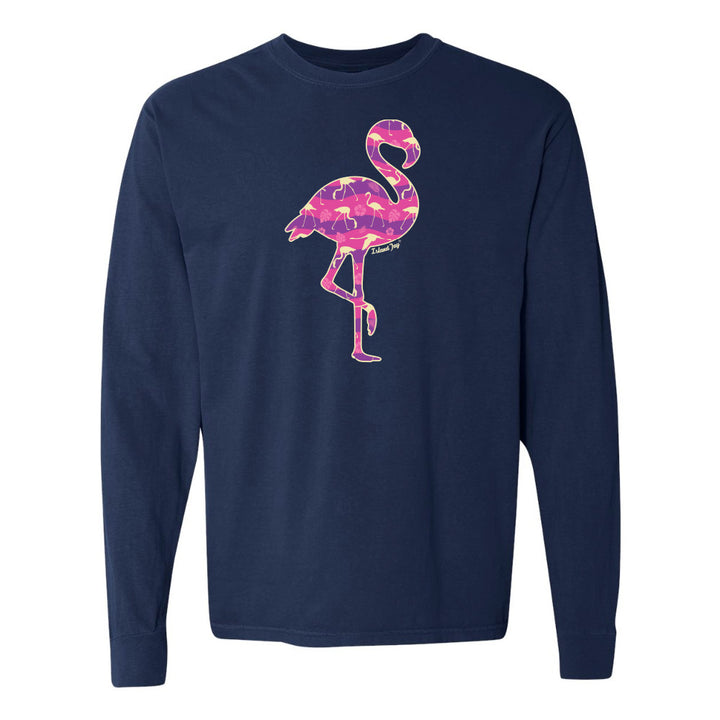 Navy long-sleeve shirt with a pink flamingo design on a white background