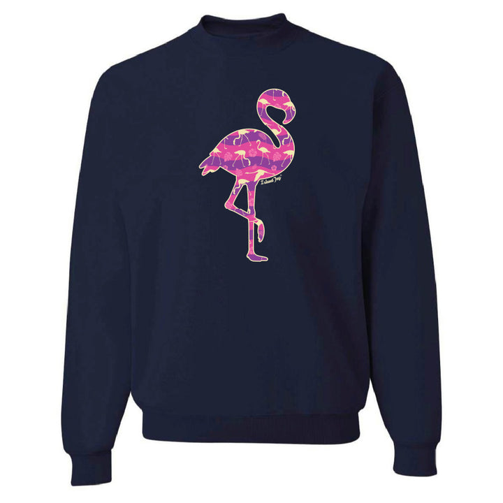 Navy sweatshirt with a colorful flamingo design on a white background