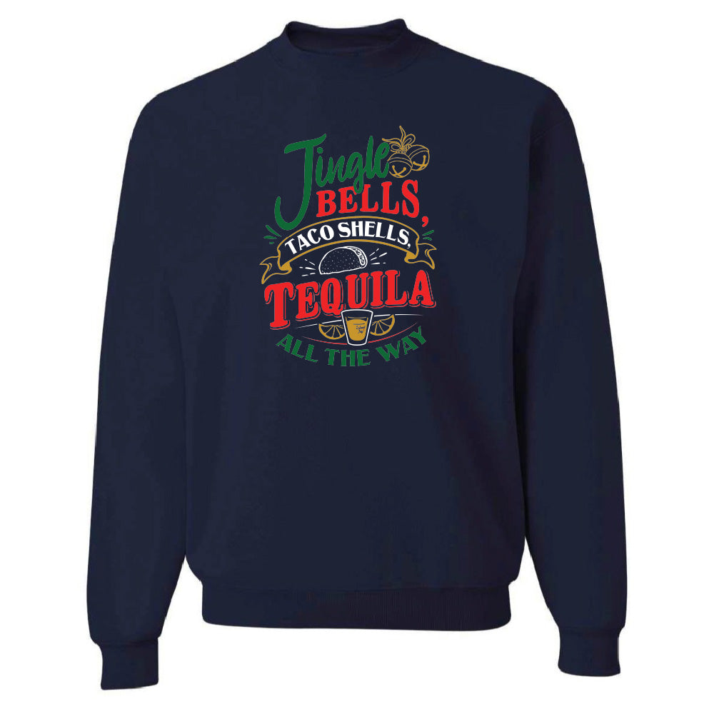 Navy blue sweatshirt with colorful graphic design on a white background