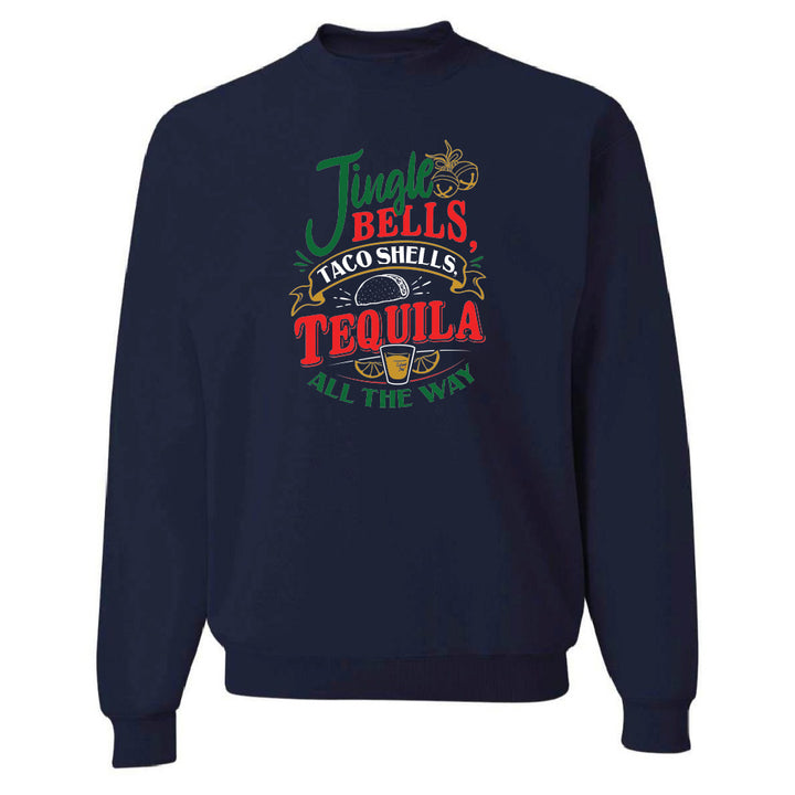 Navy blue sweatshirt with colorful graphic design on a white background