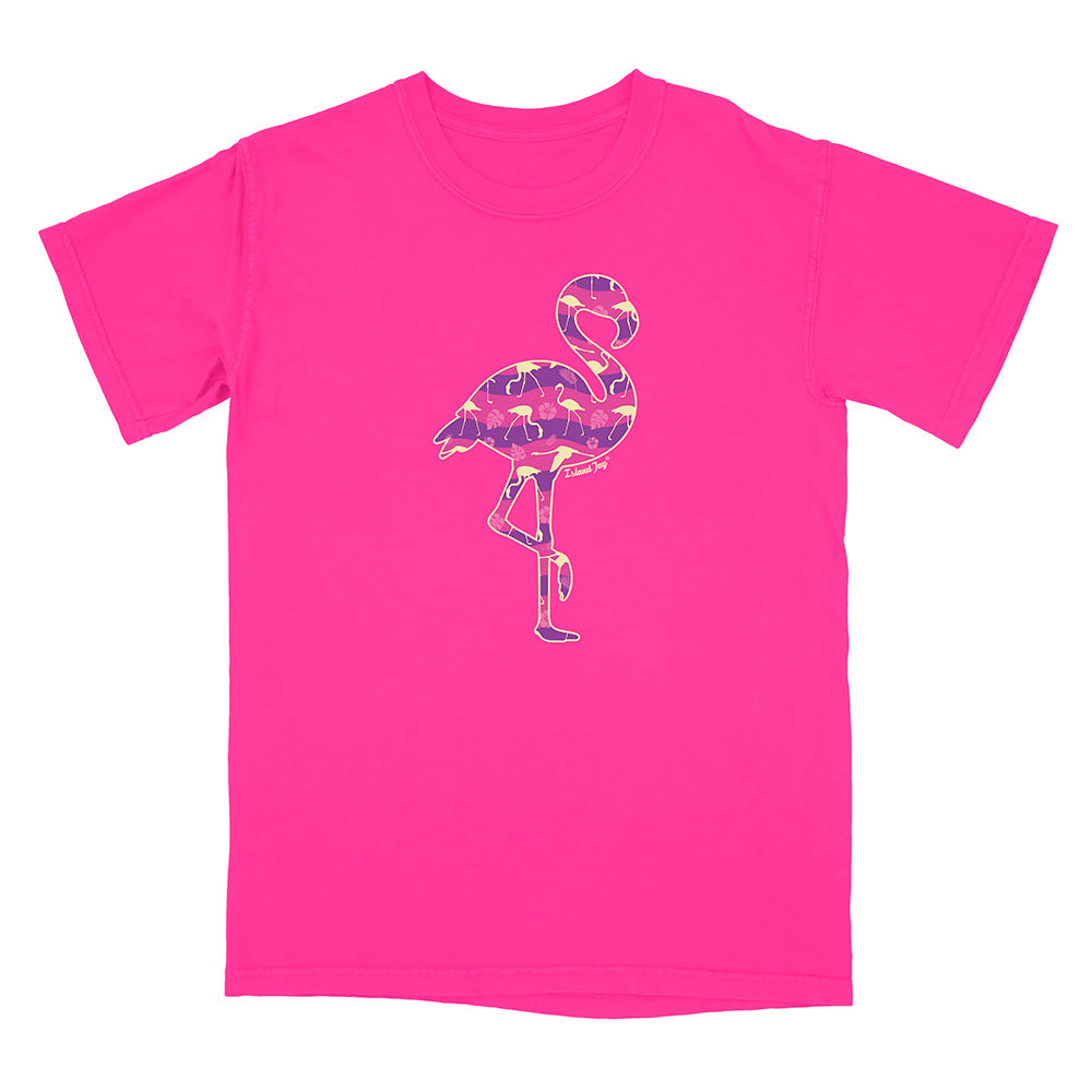 Neon Pink t-shirt with a pink flamingo design on a white background.