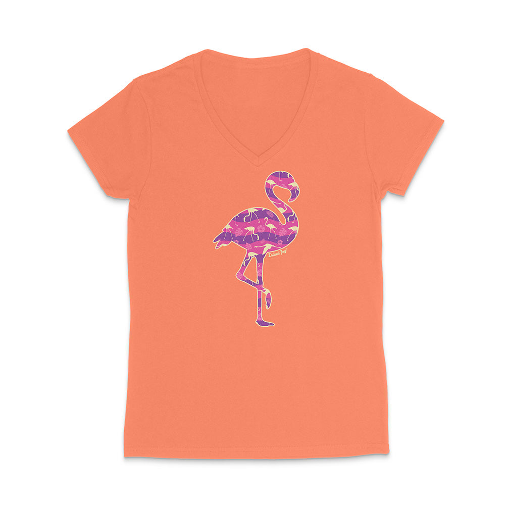 Coral v-neck t-shirt with a colorful flamingo design on a white background