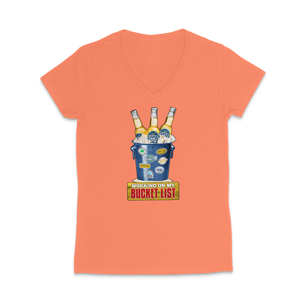 Orange t-shirt with a graphic of a beer bucket with graphic text reading 'Working on my Bucket List' on a white background.