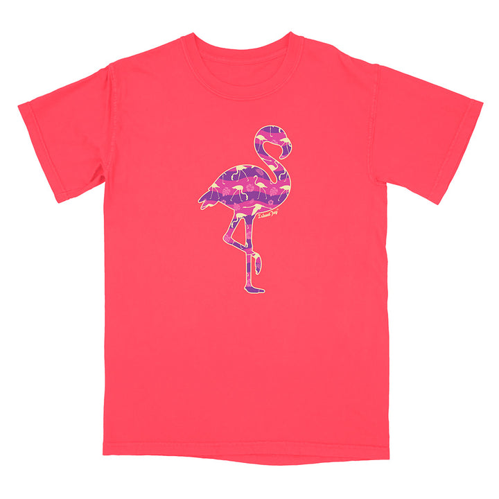 Red t-shirt with a pink flamingo design on a white background.