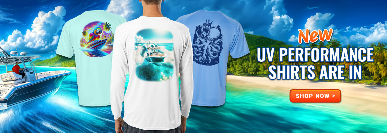 New UV Performance tees featuring tropical, boating, and fishing art. 