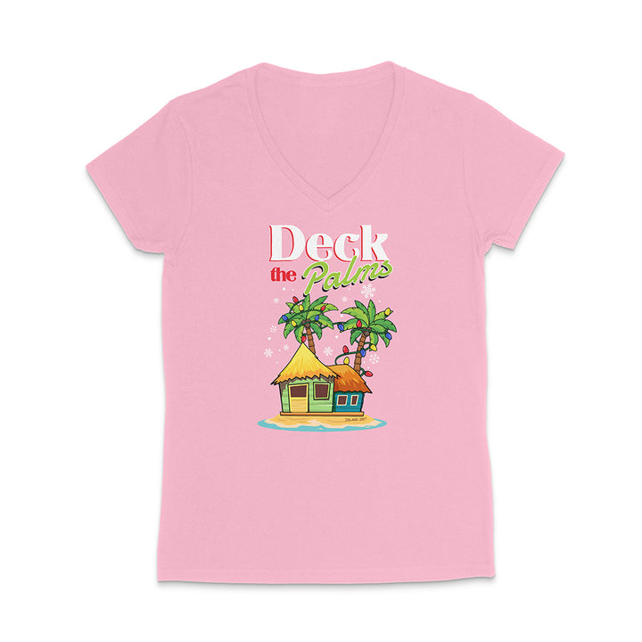 Pink t-shirt with a tropical hut and palm trees graphic and 'Deck the Palms' text on a white background.