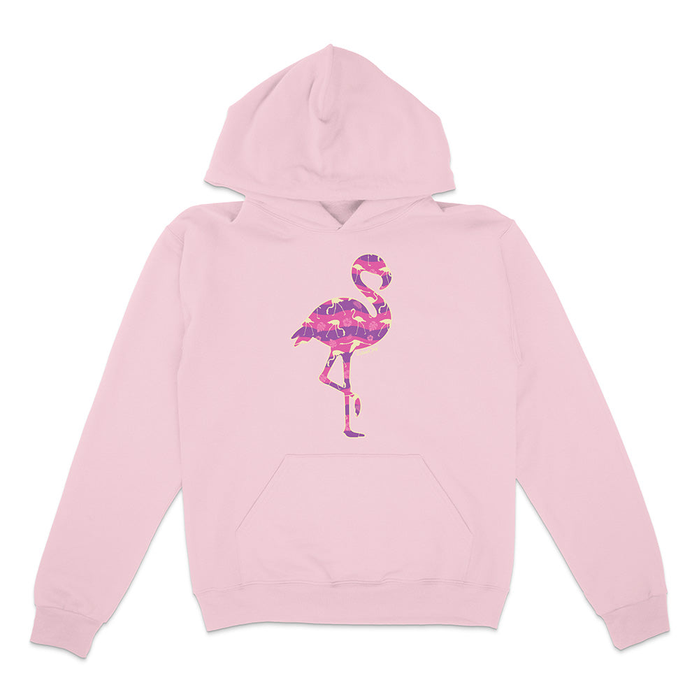 Pink hoodie with a colorful flamingo design on a white background.