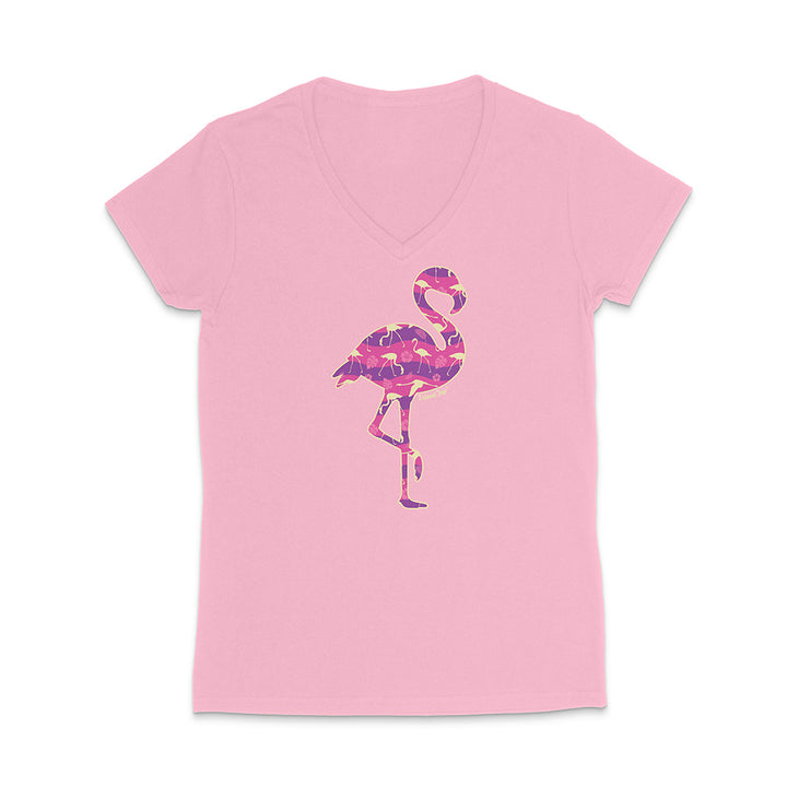Pink v-neck t-shirt with a colorful flamingo design on a white background