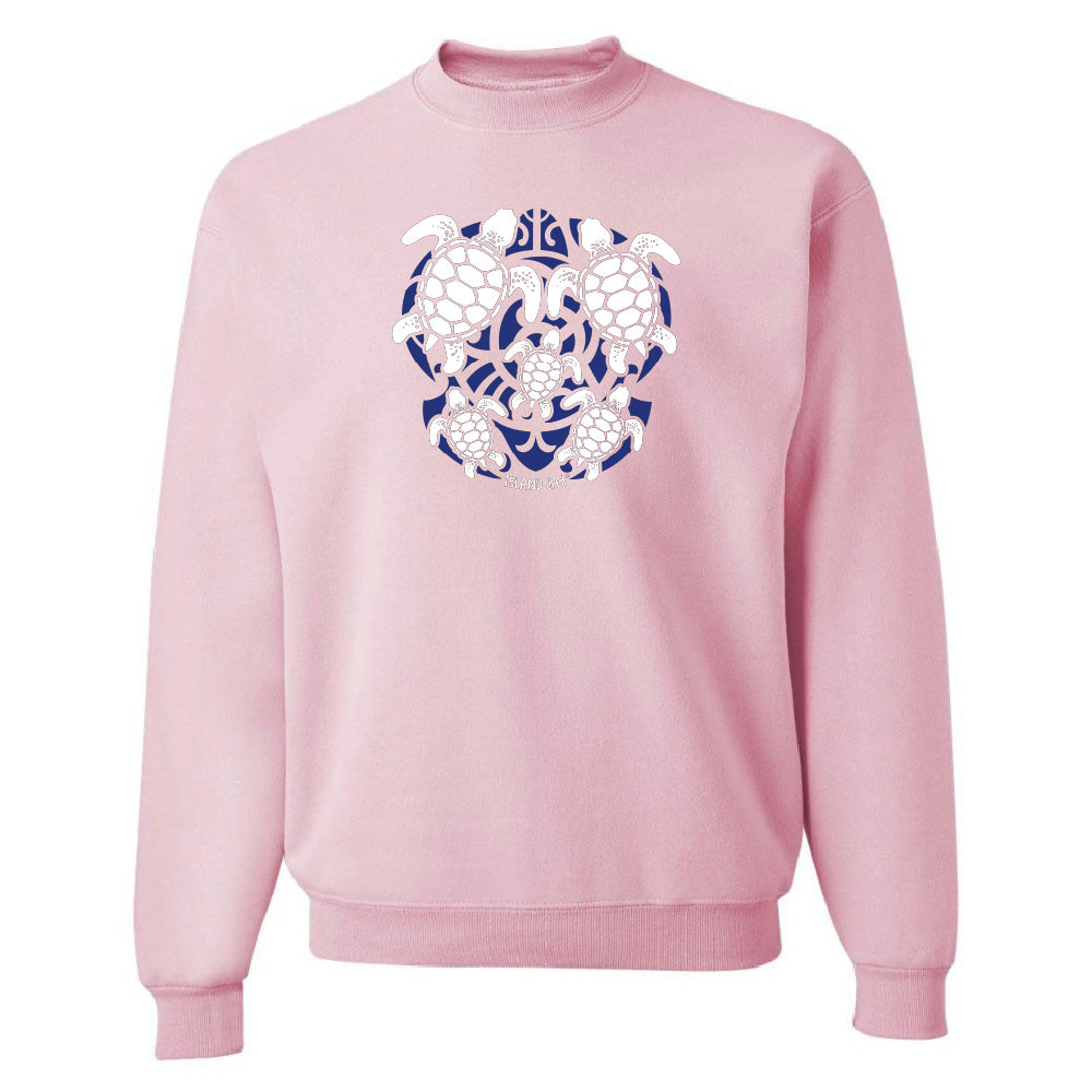 Pink hoodie with a blue and white turtle graphic on a white background