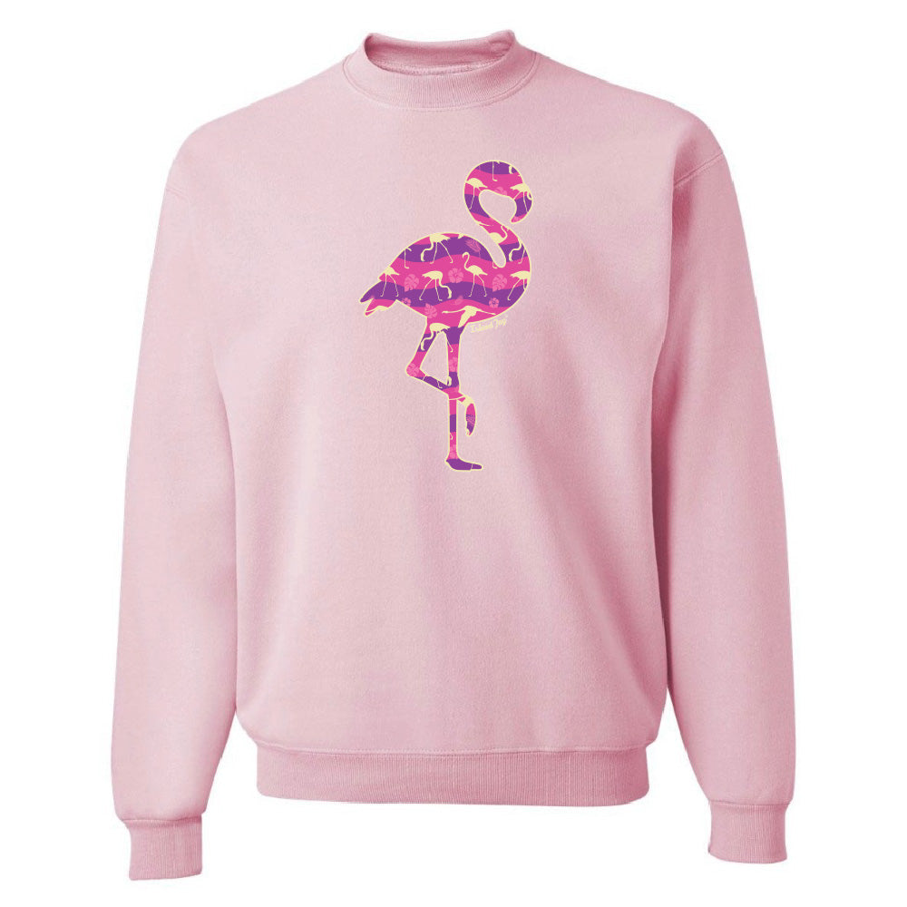 Pink sweatshirt with a colorful flamingo design on a white background