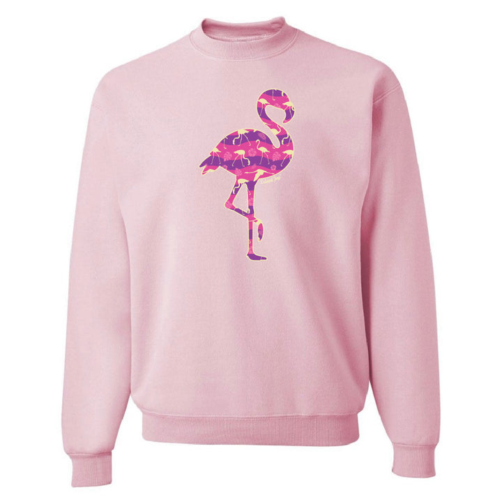 Pink sweatshirt with a colorful flamingo design on a white background