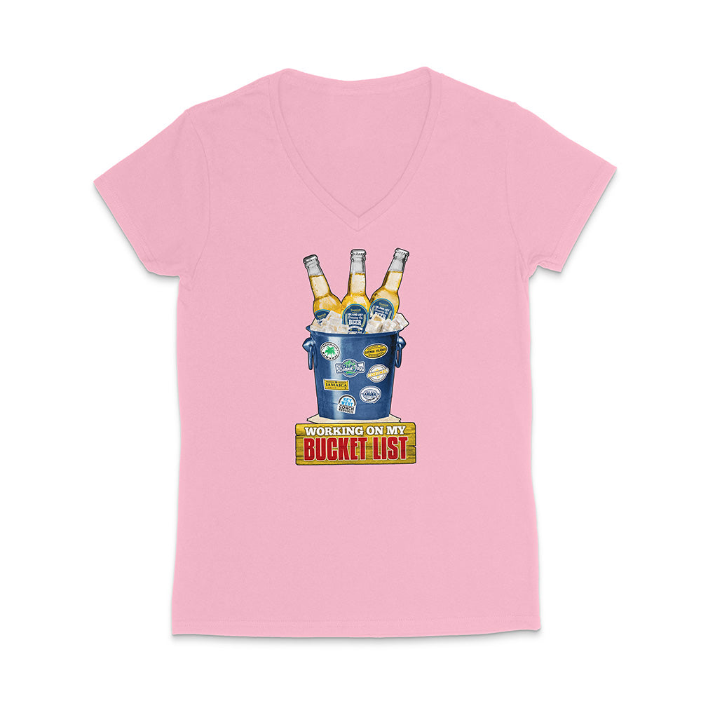 Pink t-shirt with a graphic of a beer bucket with graphic text reading 'Working on my Bucket List' on a white background.