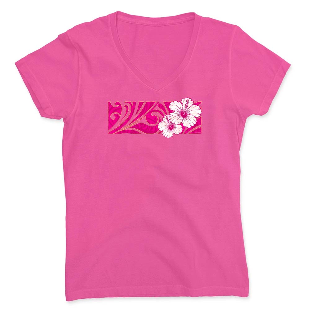 Pink t-shirt with floral design on a white background