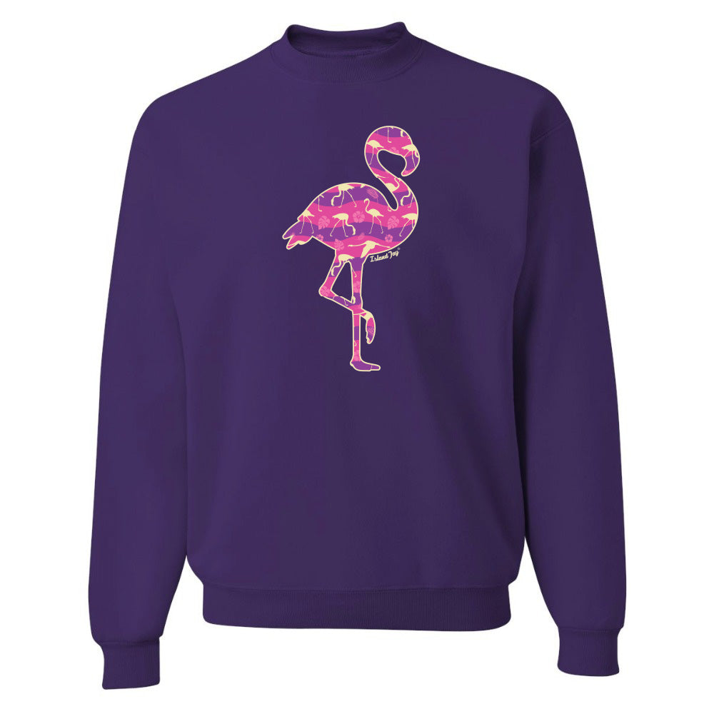 Purple sweatshirt with a colorful flamingo design on a white background