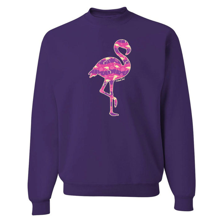 Purple sweatshirt with a colorful flamingo design on a white background