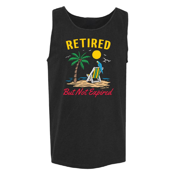 Black tank top with palm trees, parrot and beach chair and text reading "Retired But Not Expired".
