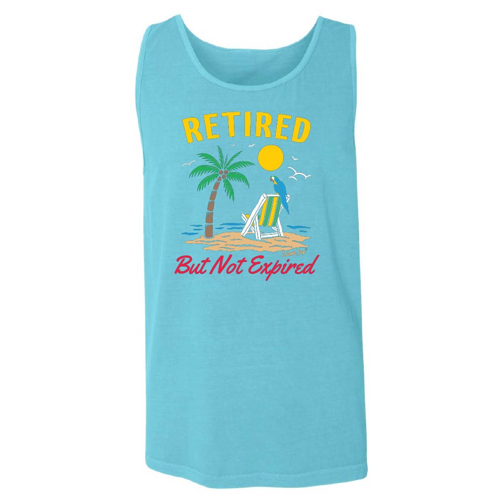 Blue tank top with palm trees, parrot and beach chair and text reading "Retired But Not Expired".