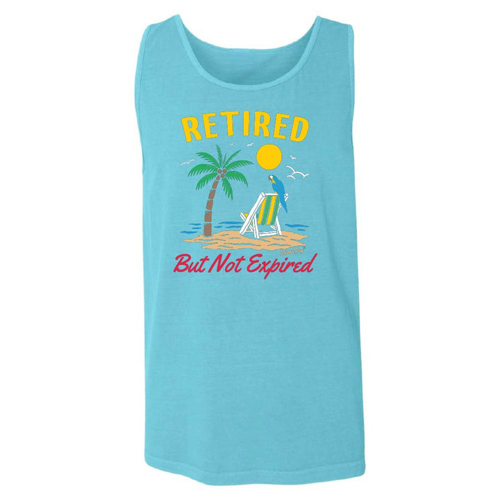 Blue tank top with palm trees, parrot and beach chair and text reading "Retired But Not Expired".