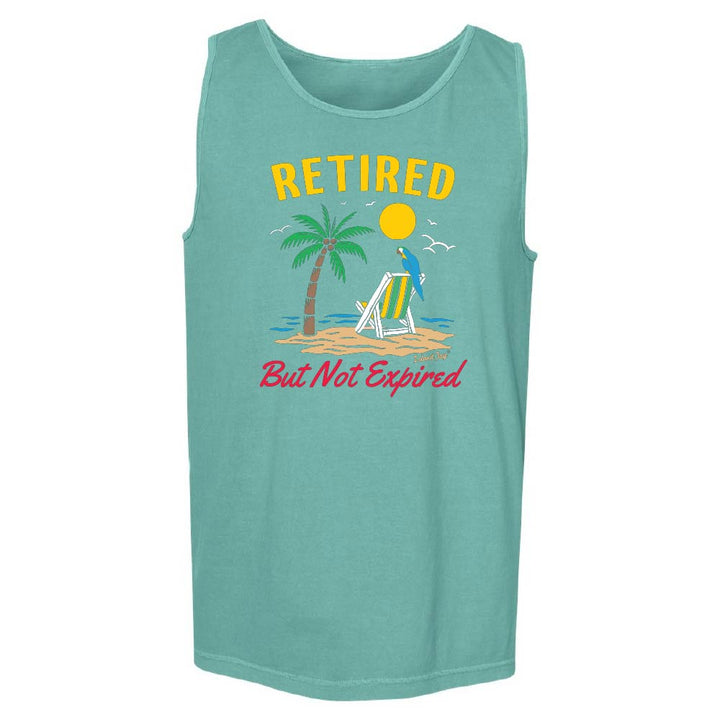 Teal tank top with palm trees, parrot and beach chair and text reading "Retired But Not Expired".