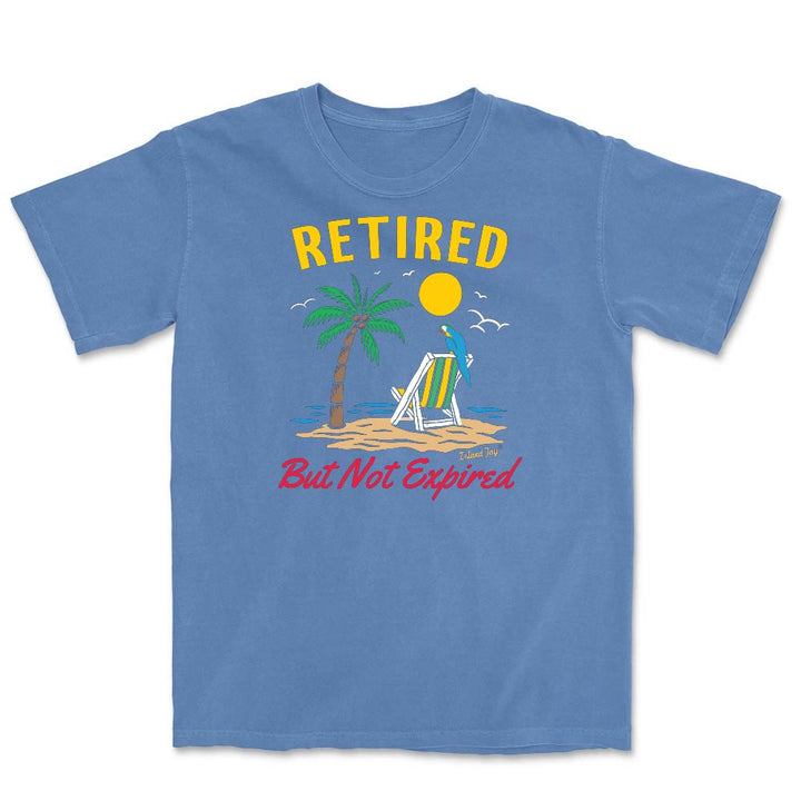 Blue t-shirt with a retired but not expired and a beach chair on it