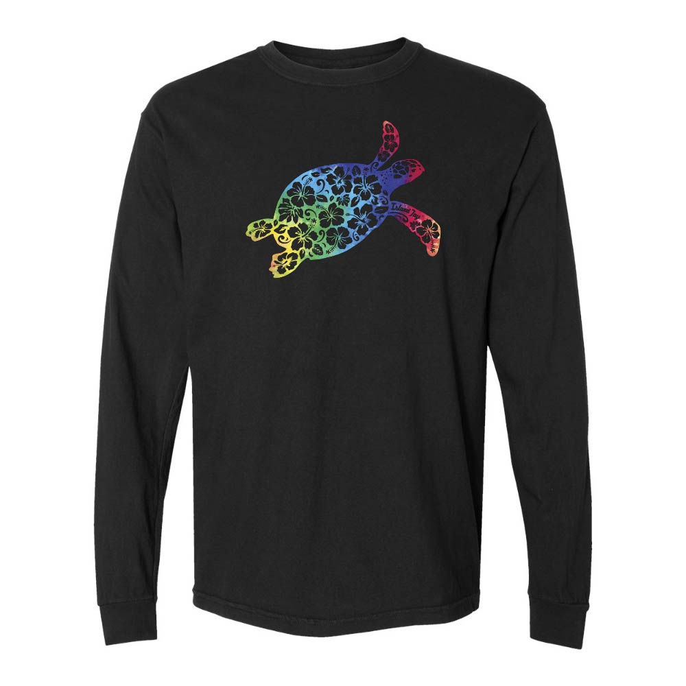 Black long sleeve with a colorful turtle design graphic.