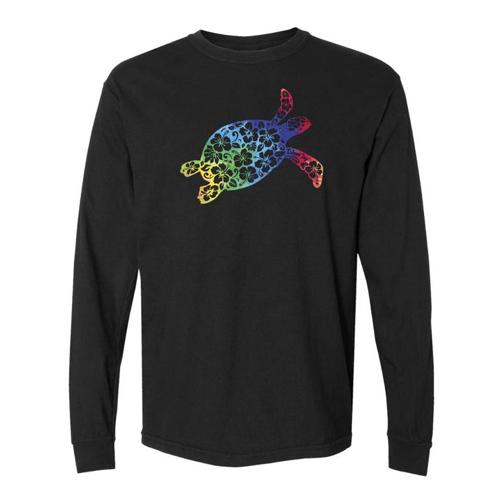 Black long sleeve with a colorful turtle design graphic.